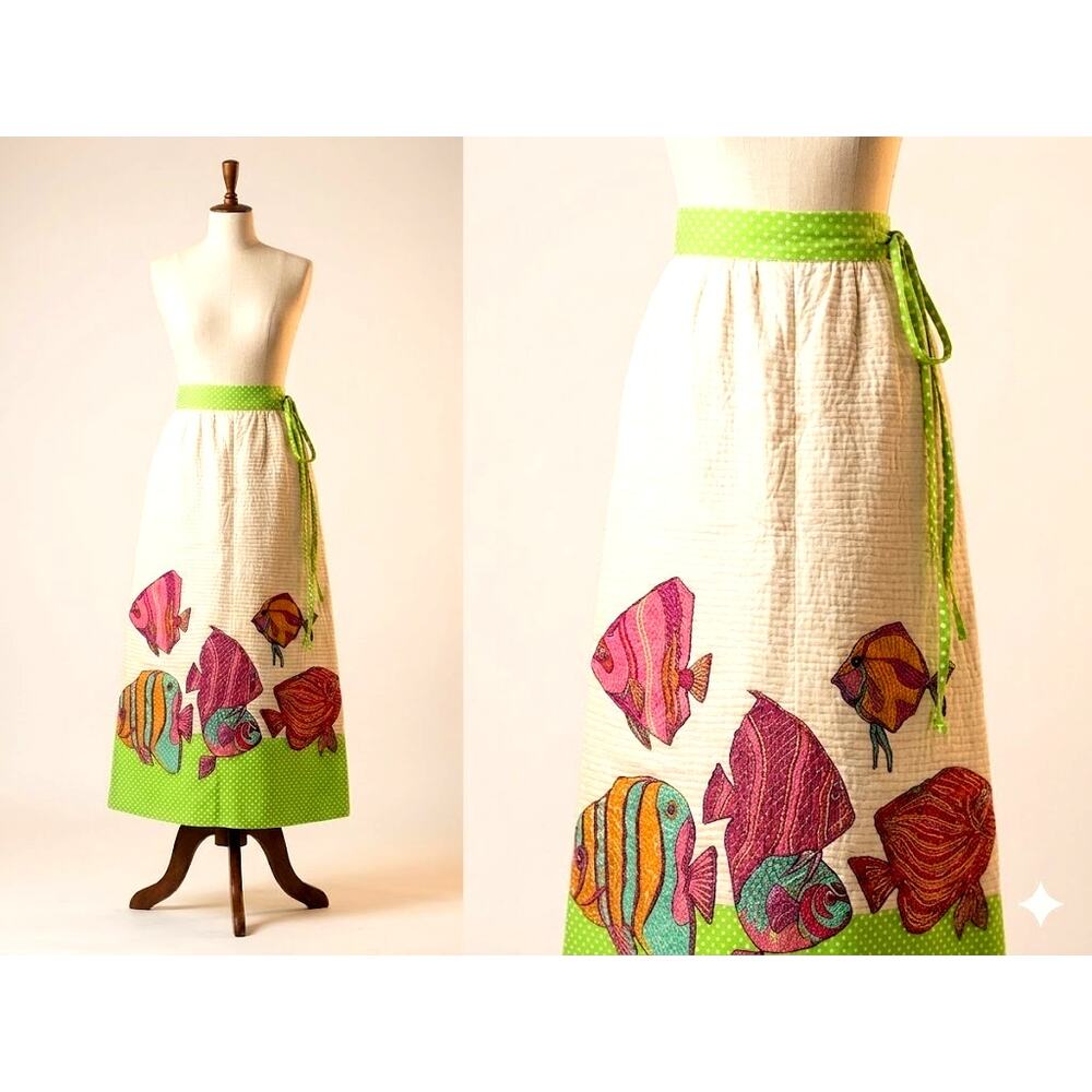 Vtg 70s Rizkallah for Malcolm Starr Maxi Skirt Tropical Fish Novelty Print Small